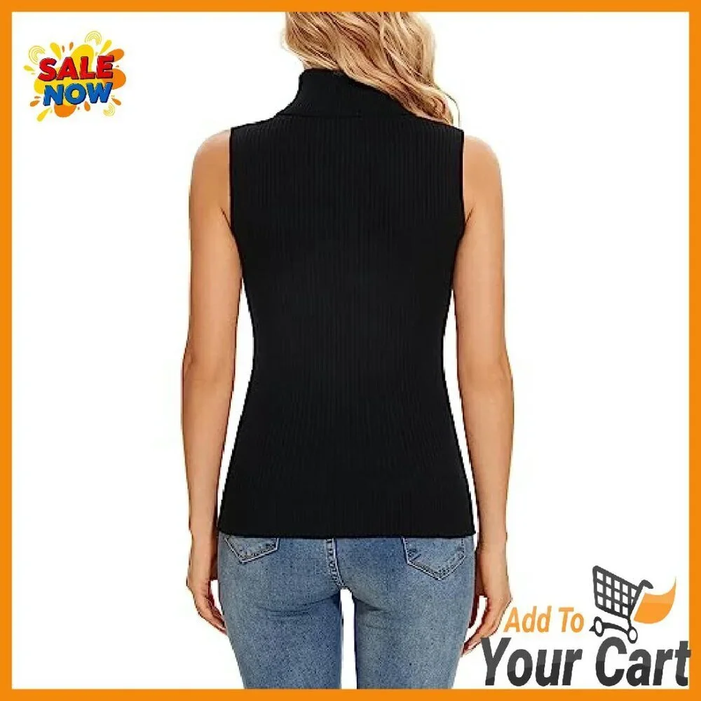Sleeveless Turtleneck Vest Stretchy Knit Slim Fit Women's Top